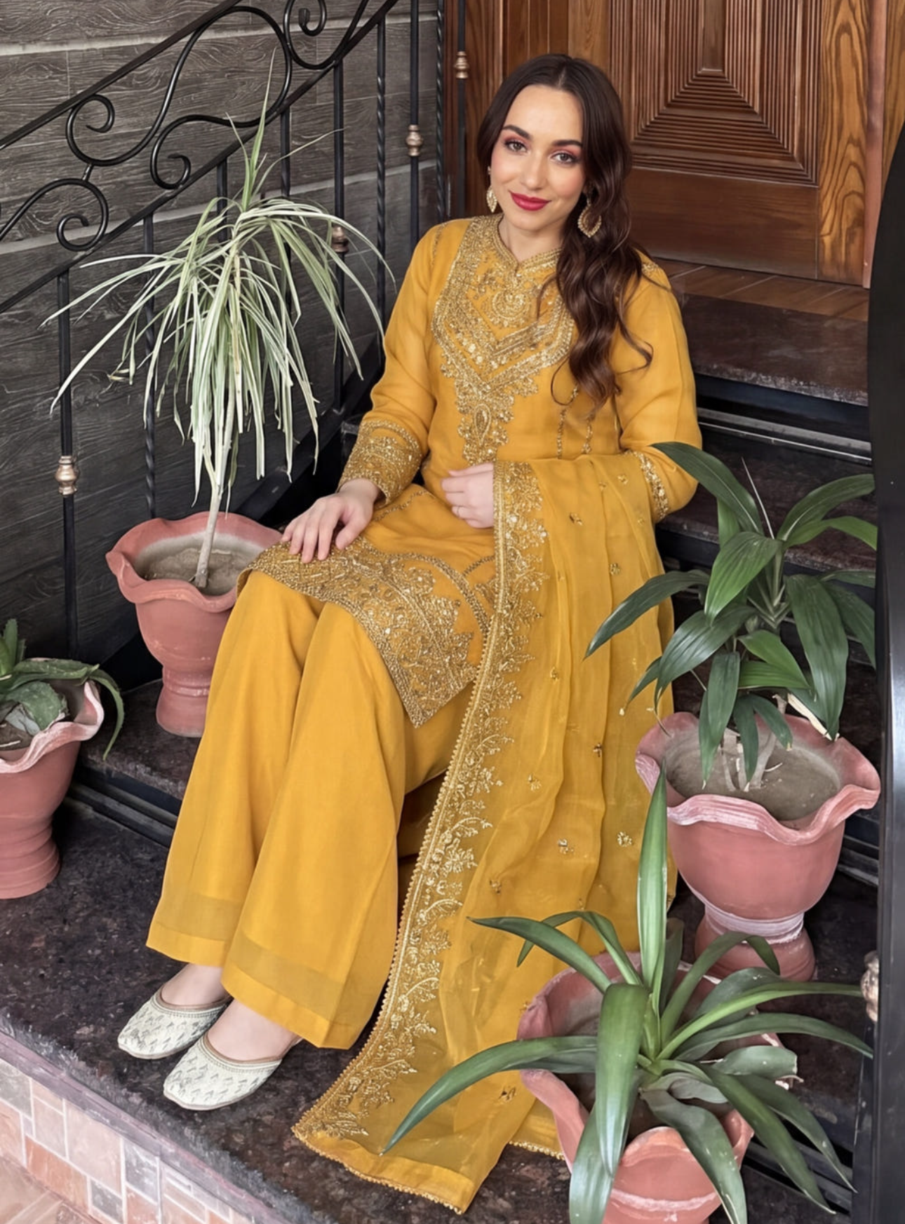 Mustard Embellished Chiffon Sharara Set