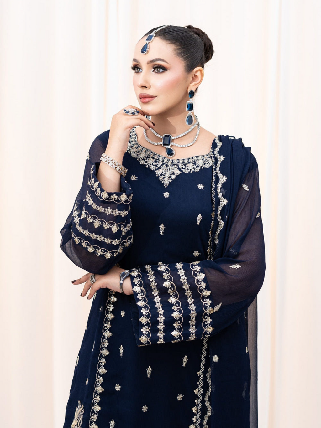 Navy Blue Embroidered Chiffon 3-Piece Suit