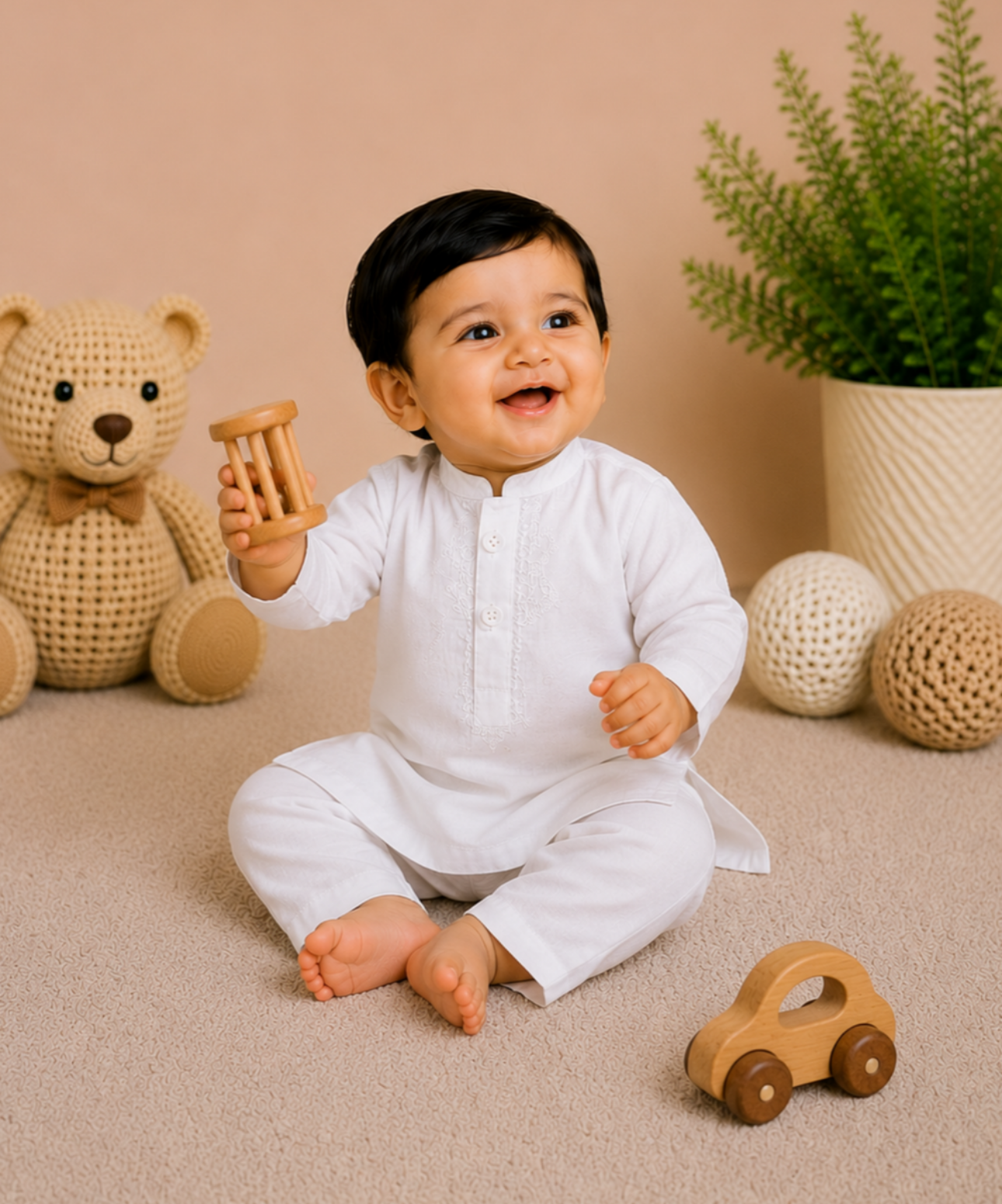 Little Baby Boy Embroidered Cotton Kurta Trouser Set – Earth Brown (Copy)