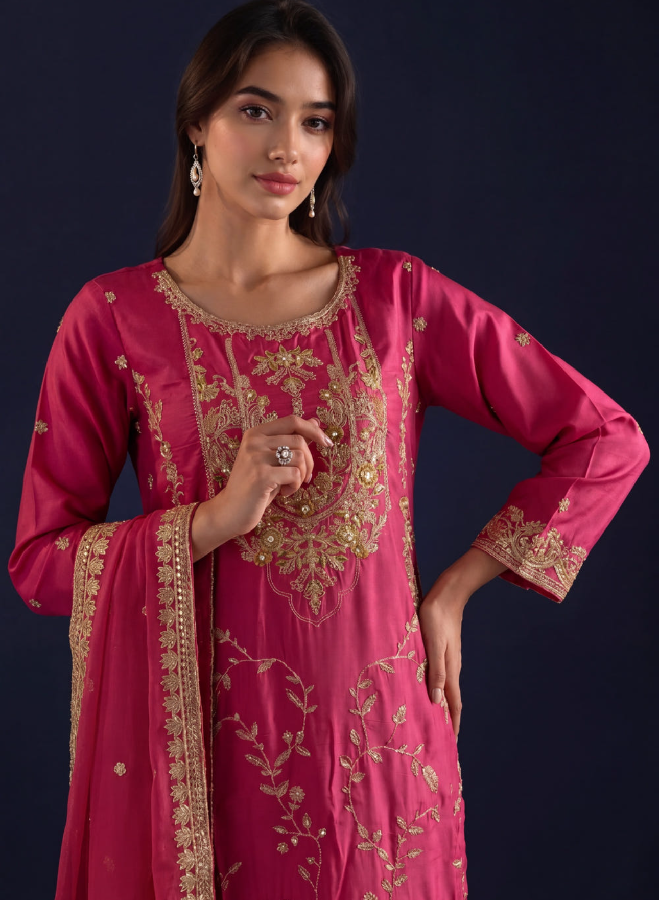 Hot Pink Embellished Silk 3-Piece Suit