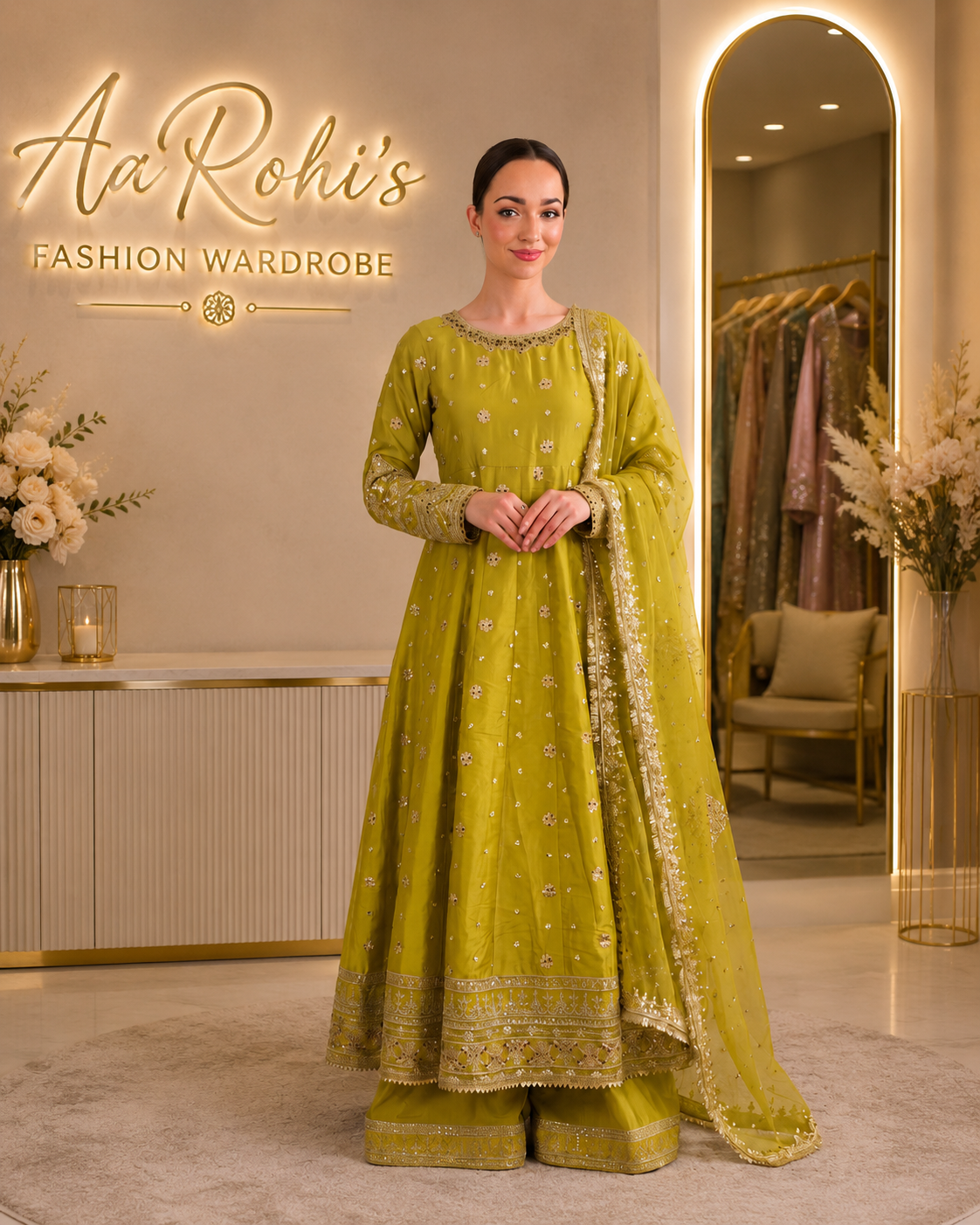 💚 Mehendi Green Embellished Silk Pishwas 4-Piece Set