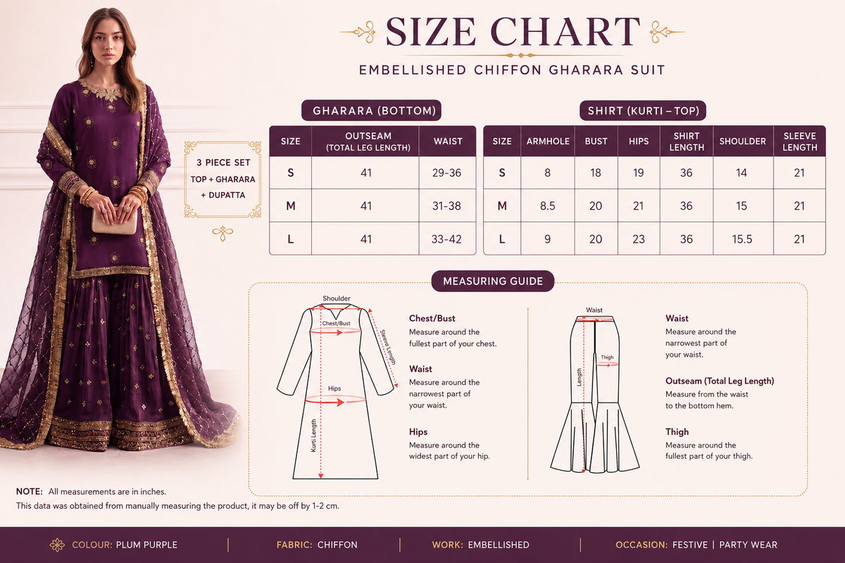 Plum Purple Embellished Chiffon Gharara Suit – 3 Piece Set