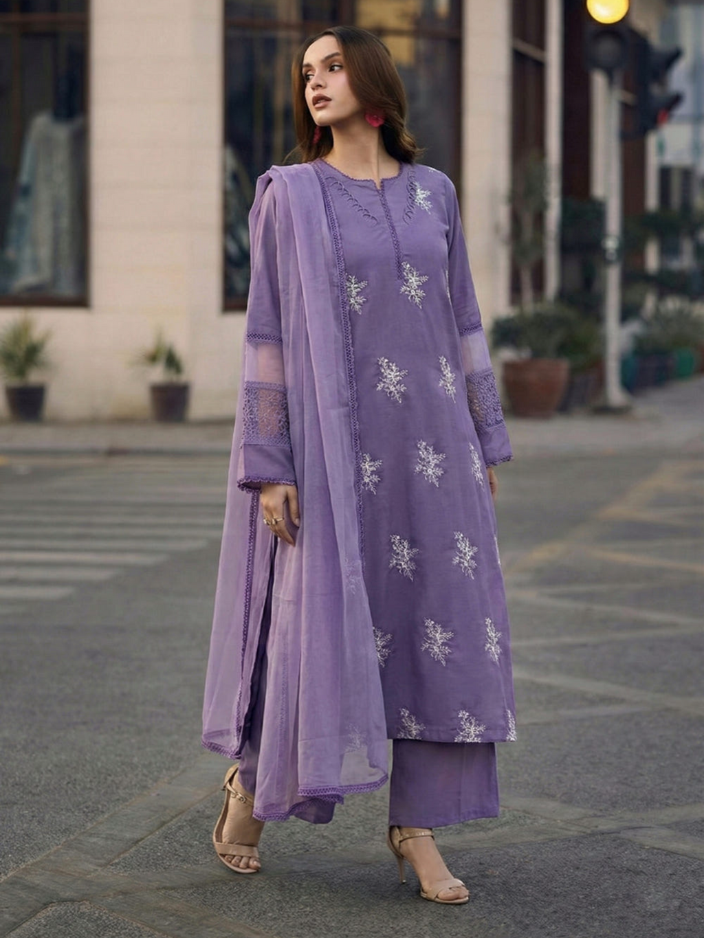 Lavender Embroidered Linen 3-Piece Kurta Palazzo Set