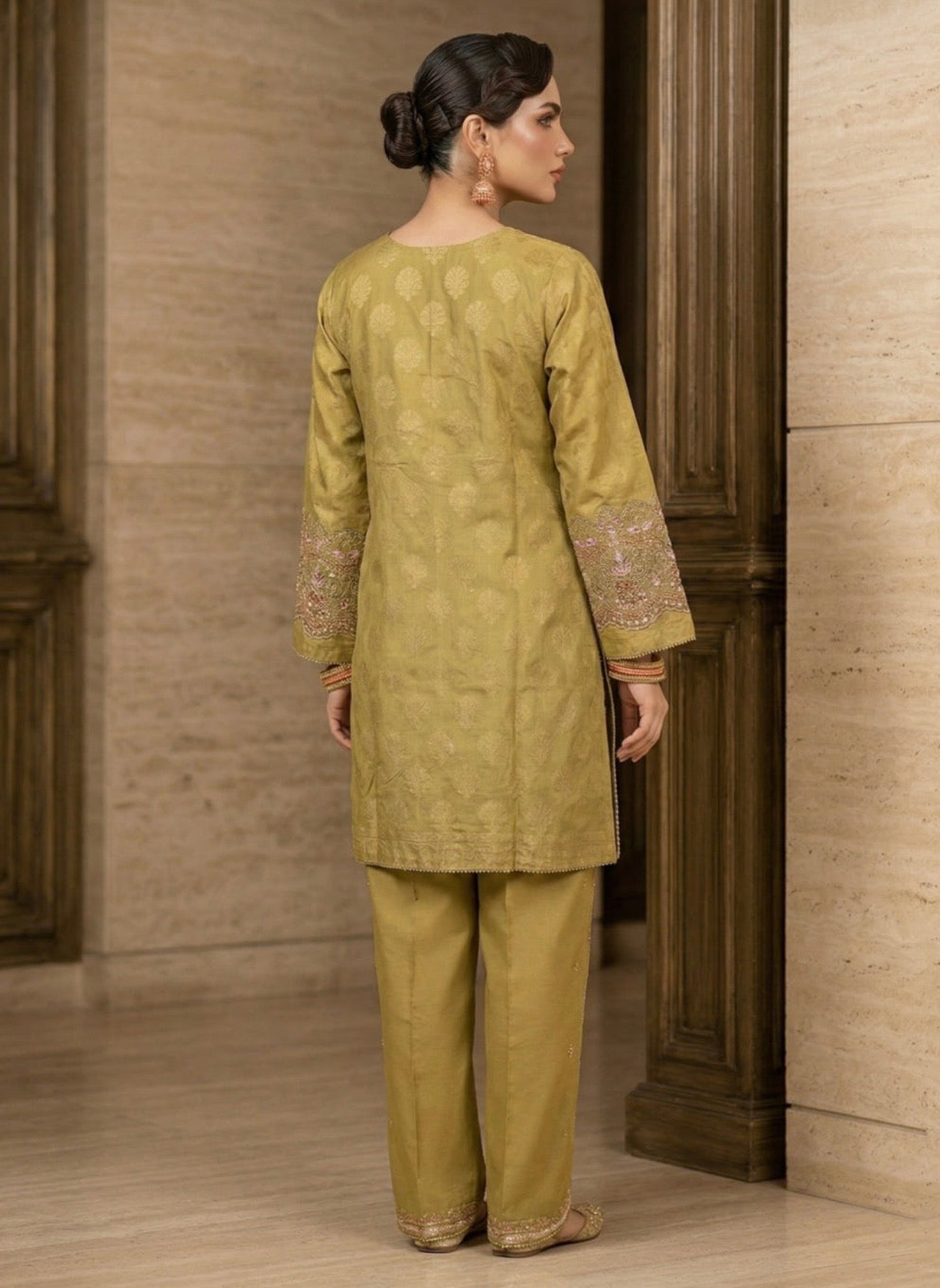 Elegant Marigold Jacquard Embroidered Suit Set