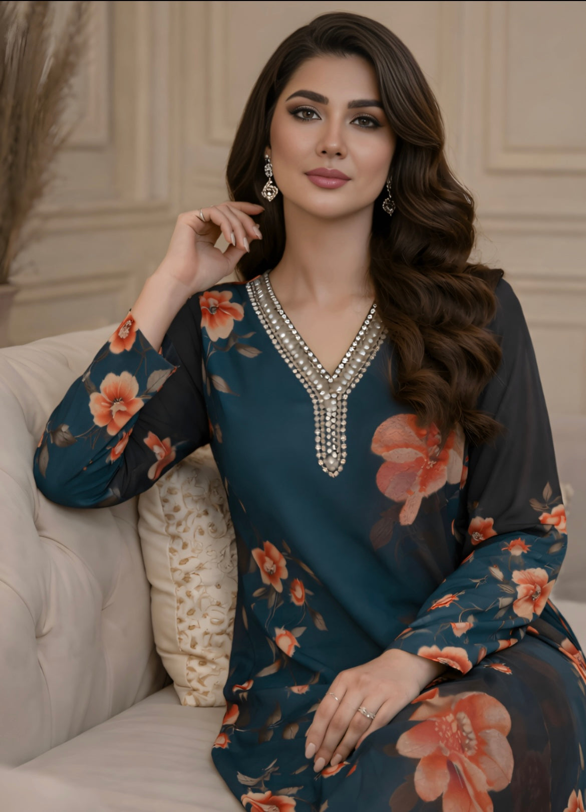 Teal & Black Floral Printed Kurta Set – 2 Piece