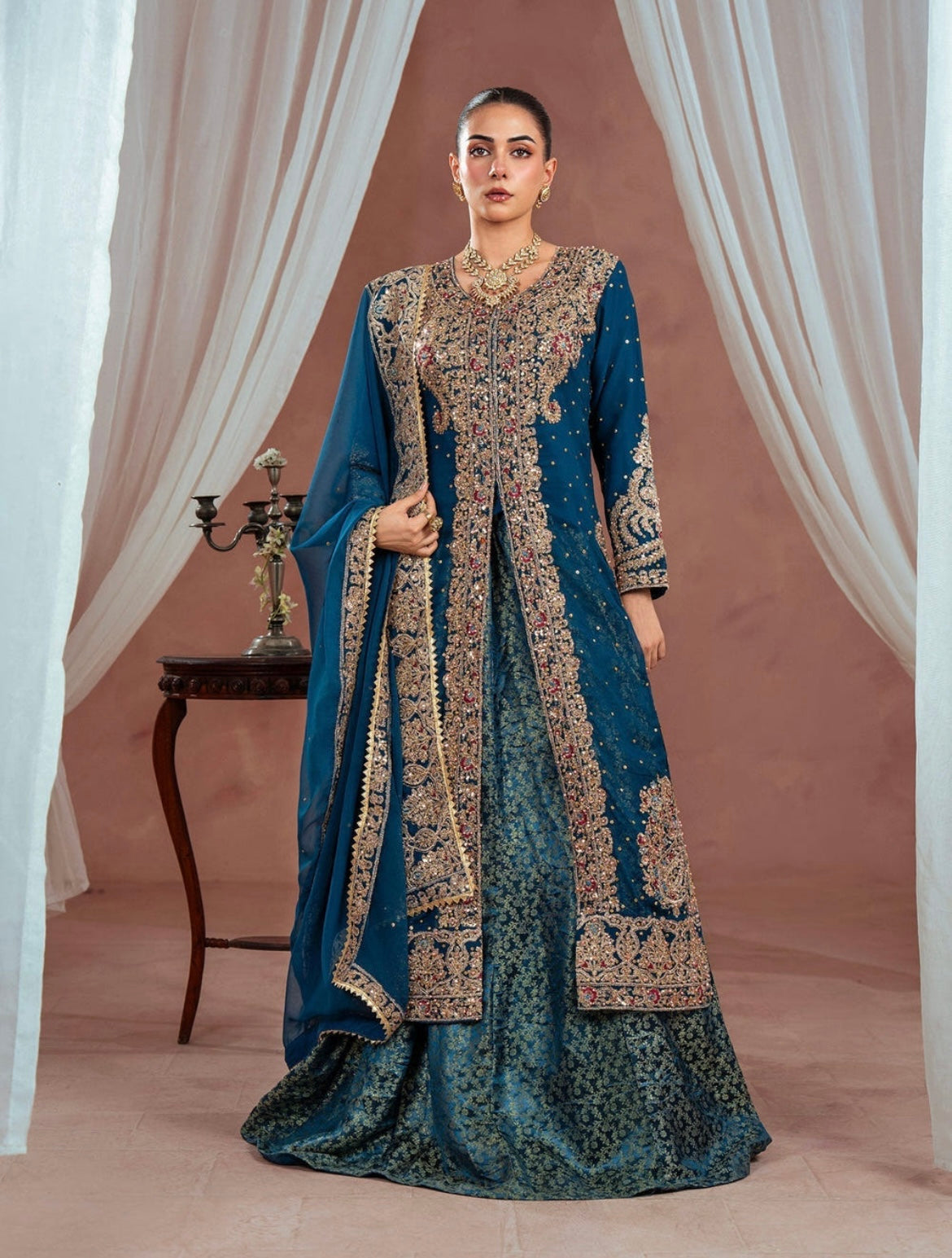 Luxury Teal Embroidered Chiffon Gown with Jamawar Lehenga (4 Piece Suit)