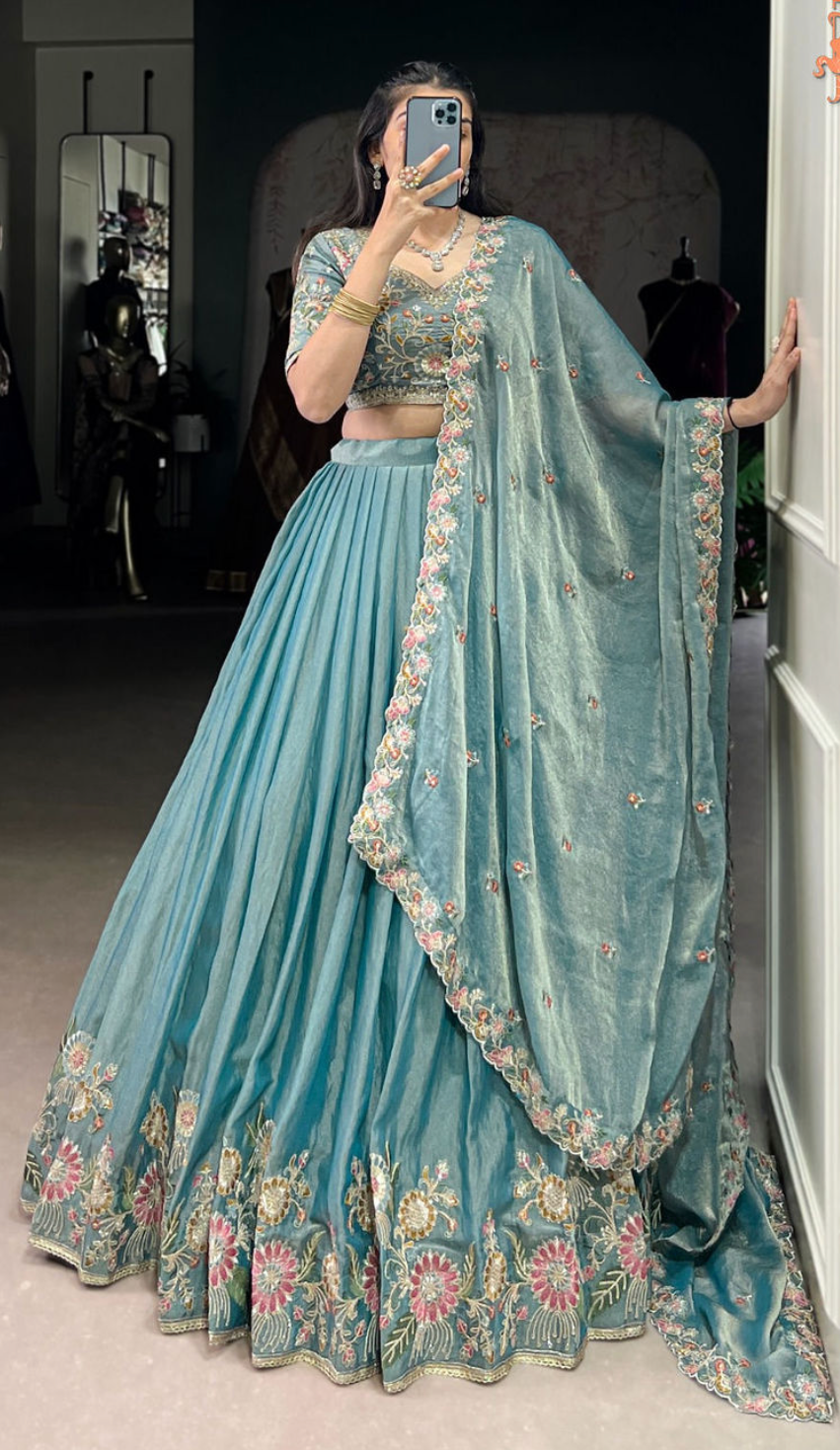 Sky Blue Floral Embroidered Lehenga Set with Elegant Dupatta