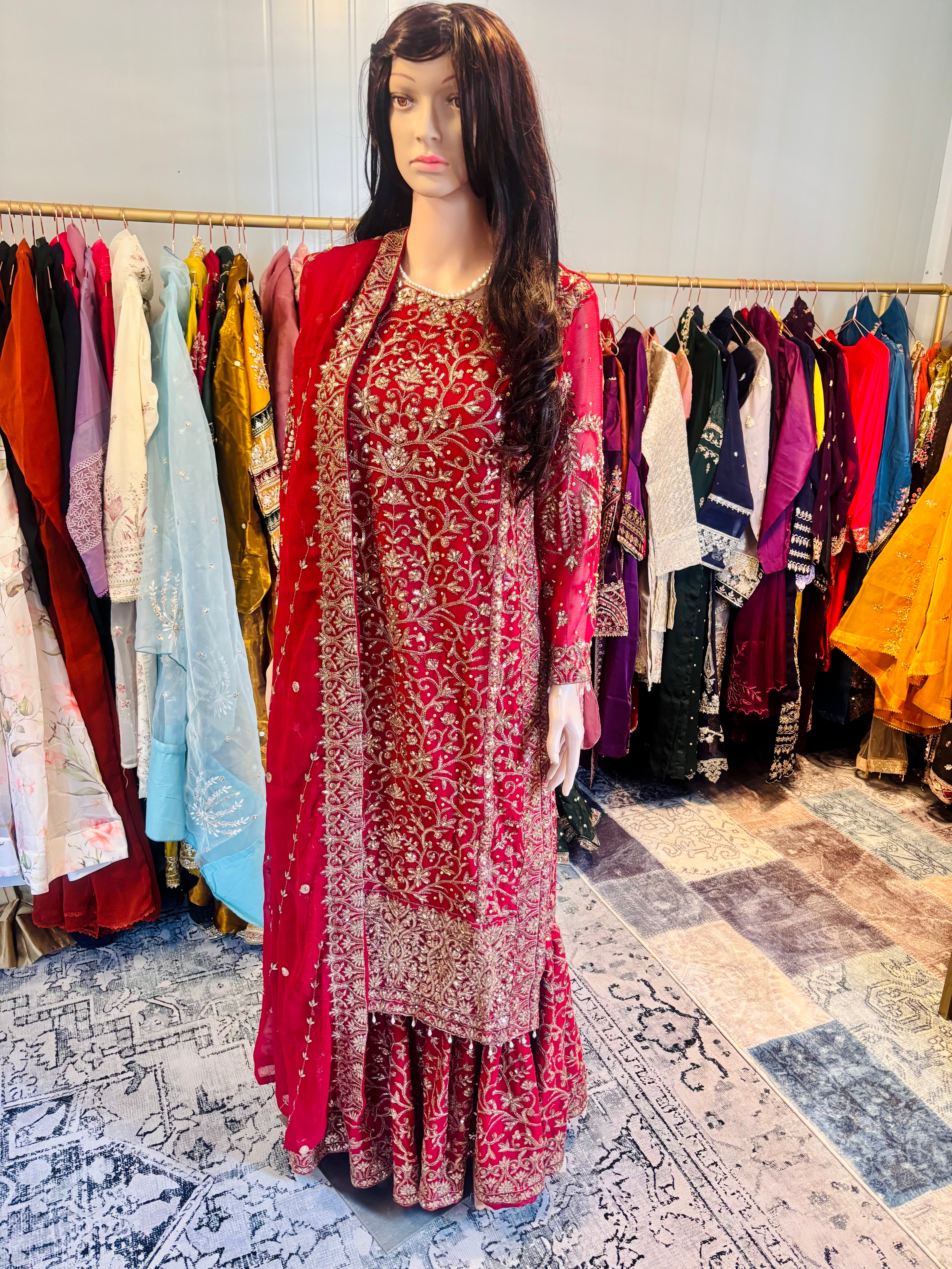 Maroon Embroidered Sharara Suit – 3-Piece Set
