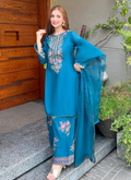 Teal Blue Kattan Silk 3-Piece Kurta Set