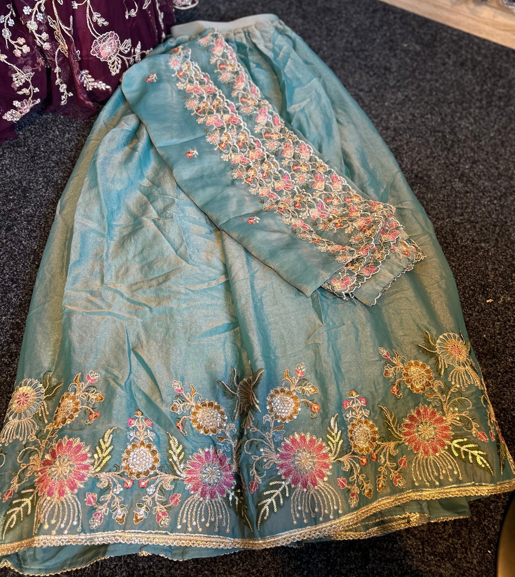 Sky Blue Floral Embroidered Lehenga Set with Elegant Dupatta