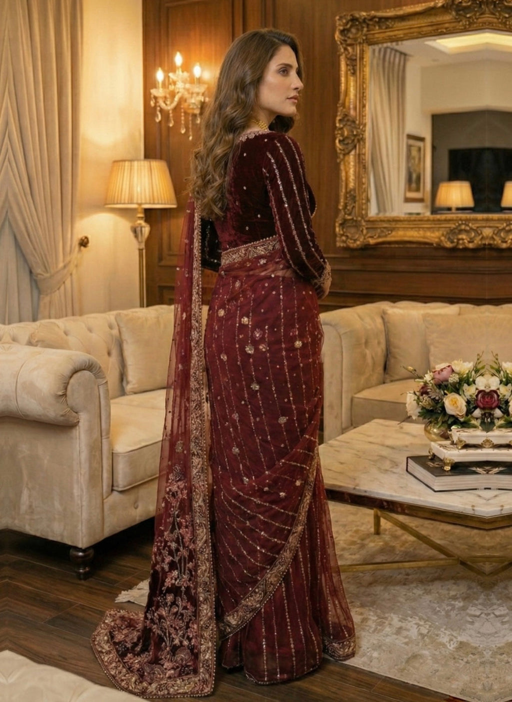 Velvet Saree – V-03 Maroon (3-Piece Set)