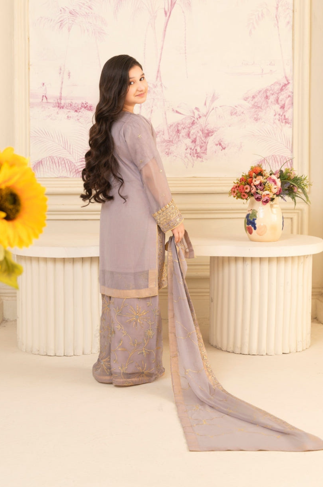 Lavender Chiffon Embroidered 3-Piece Suit