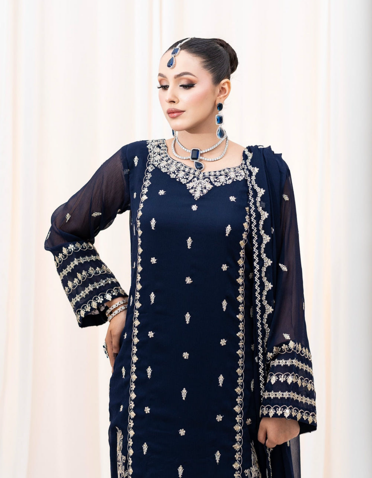 Navy Blue Embroidered Chiffon 3-Piece Suit