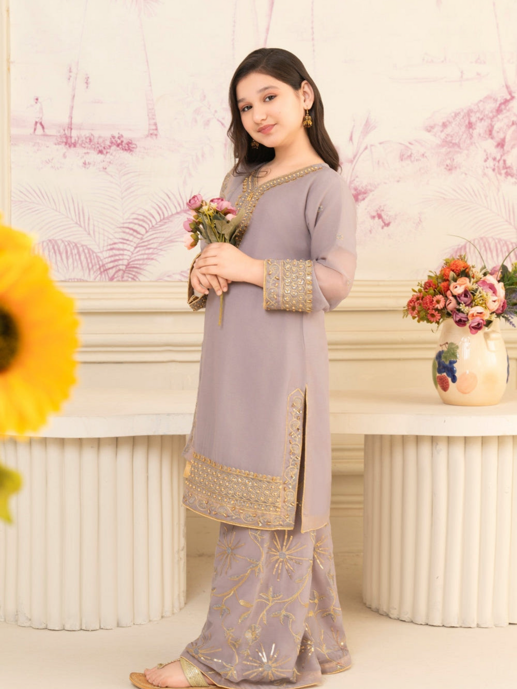 Lavender Chiffon Embroidered 3-Piece Suit
