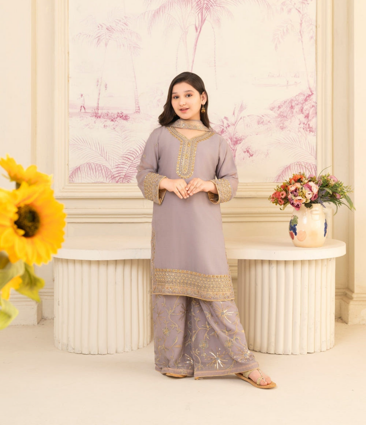 Lavender Chiffon Embroidered 3-Piece Suit
