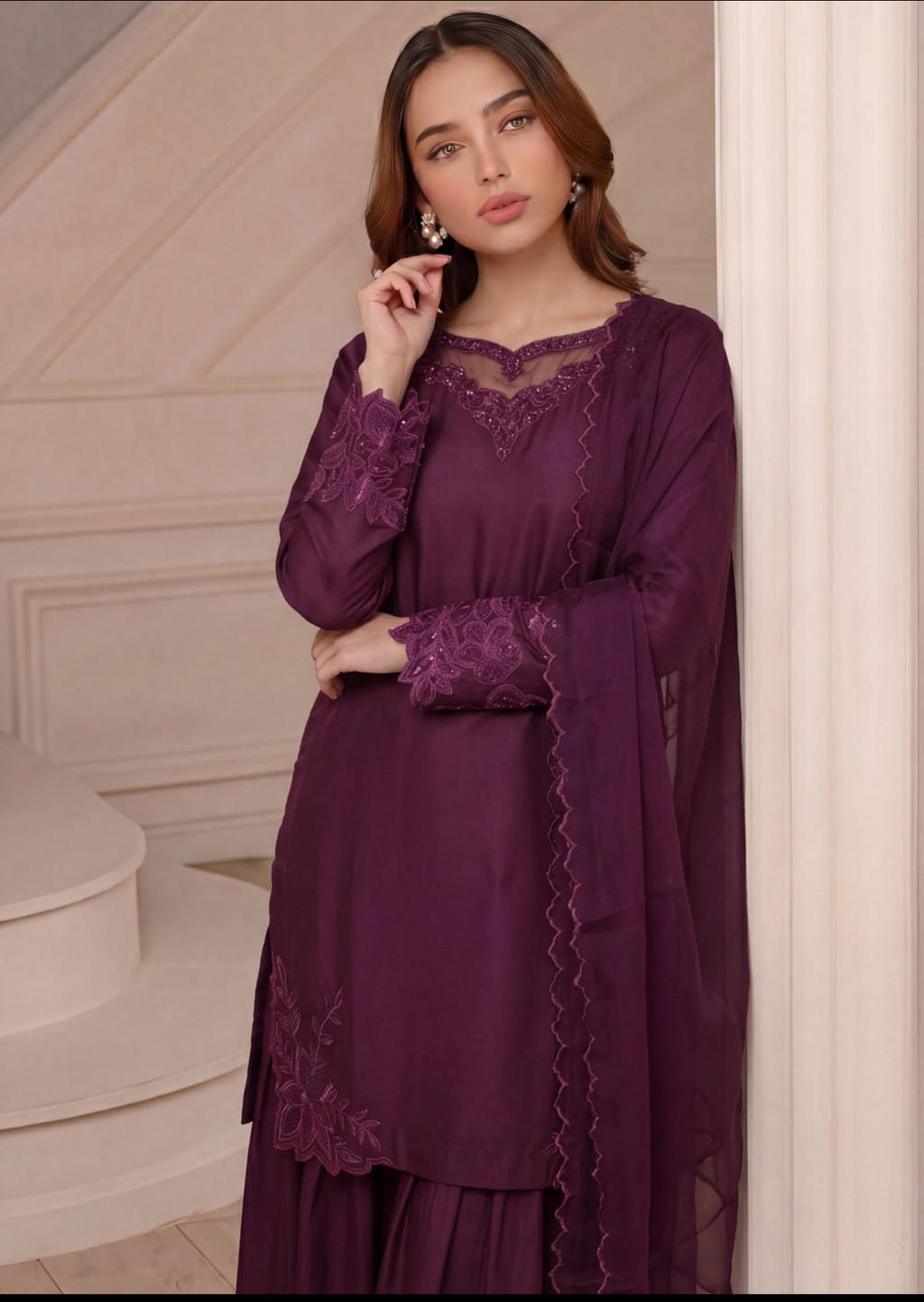 Plum Purple Embellished Silk Gharara 3-Piece Suit