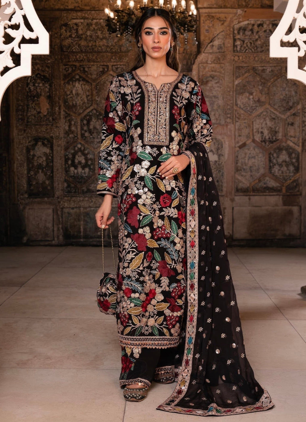 Elegant Black Chiffon Festive Suit Set with Potli Bag