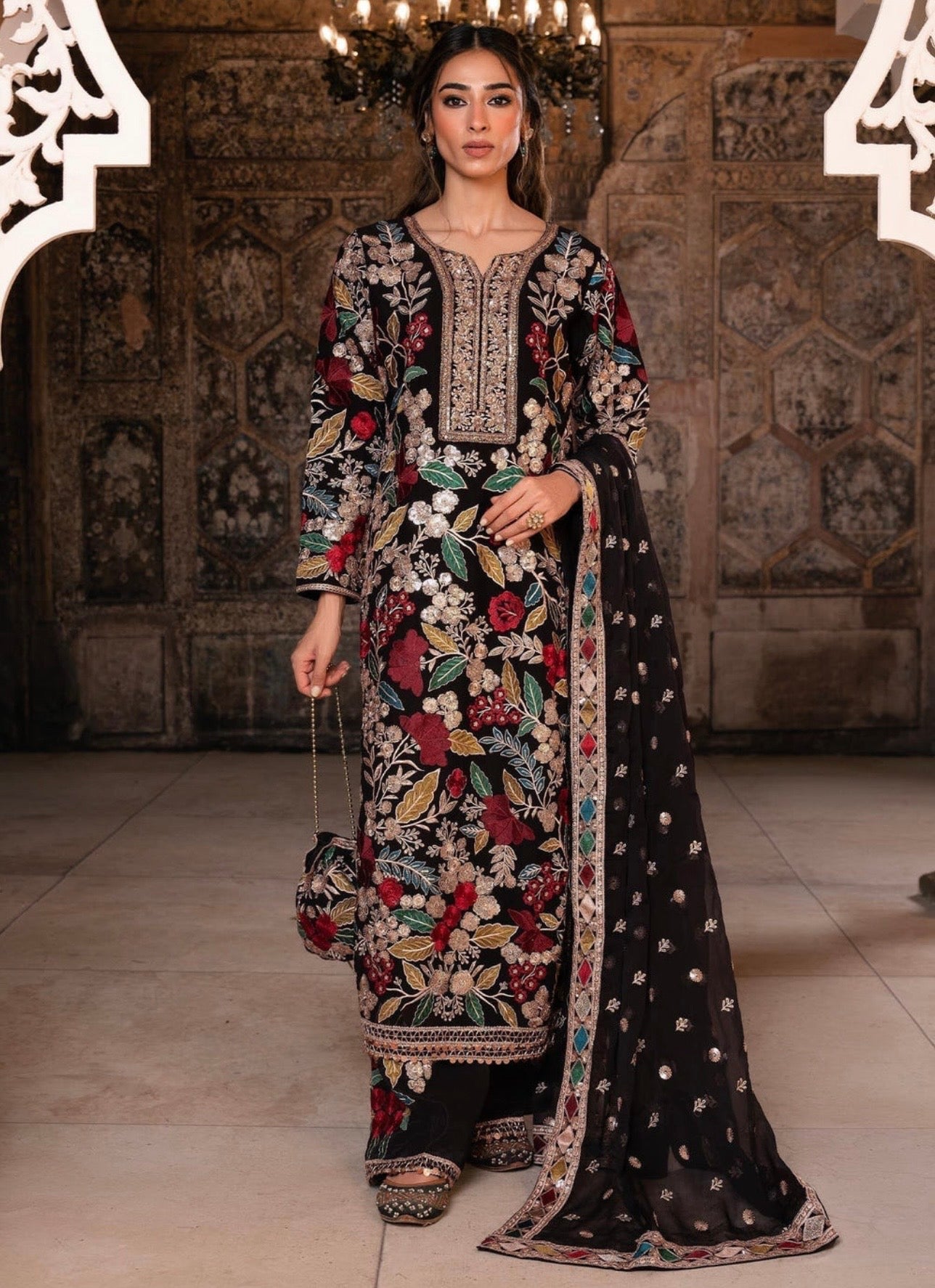 Elegant Black Chiffon Festive Suit Set with Potli Bag