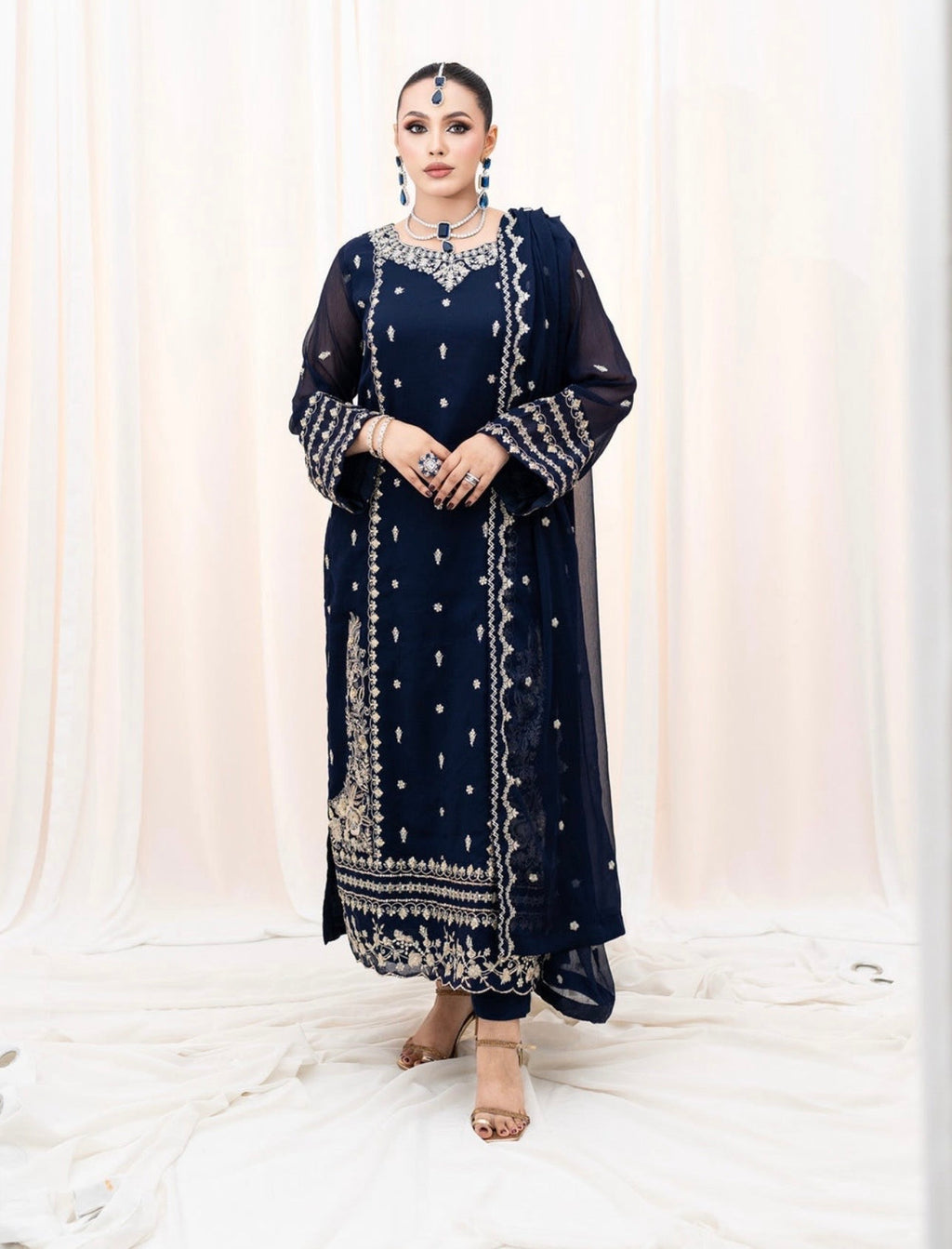 Navy Blue 3-Piece Chiffon Suit