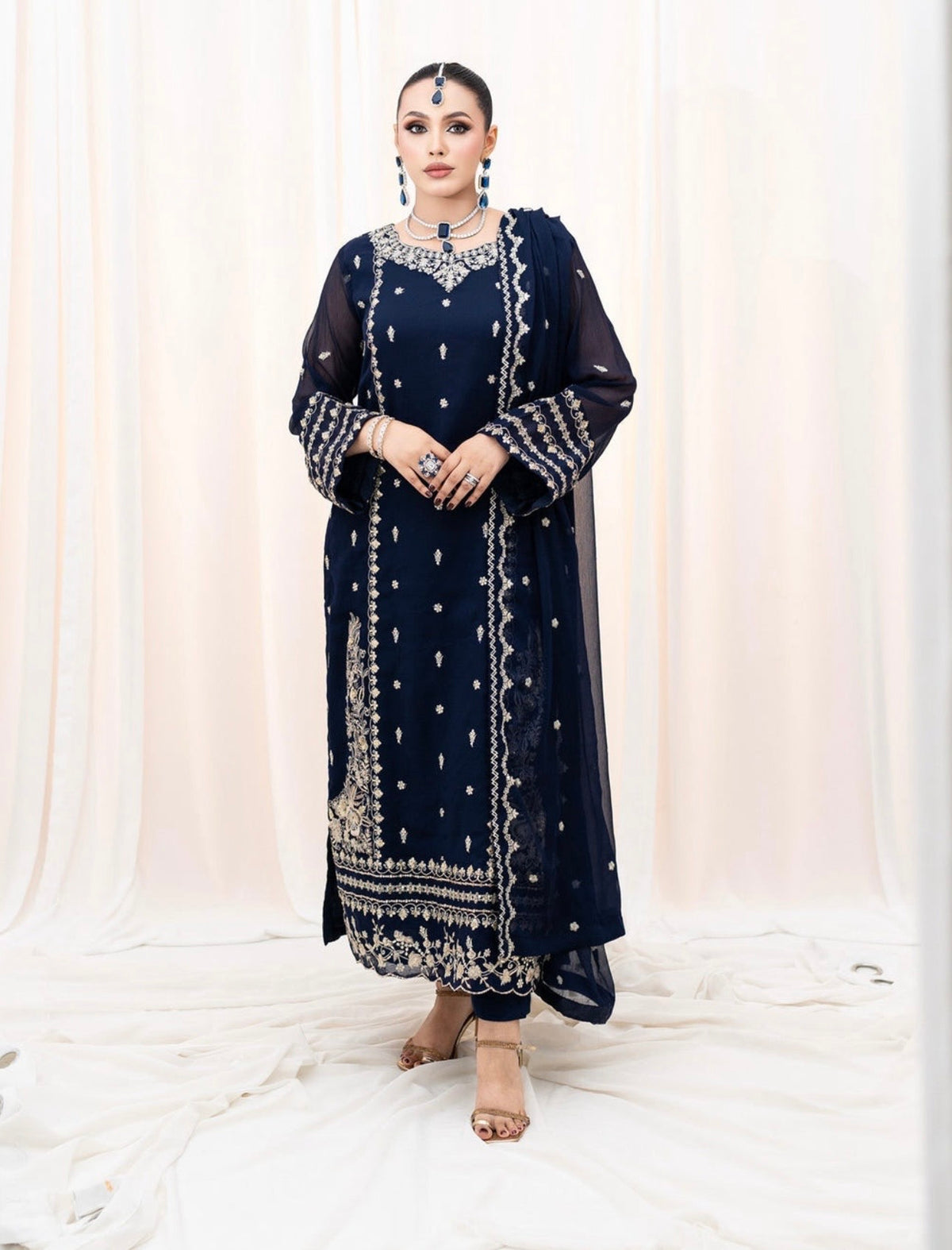 Navy Blue 3-Piece Chiffon Suit