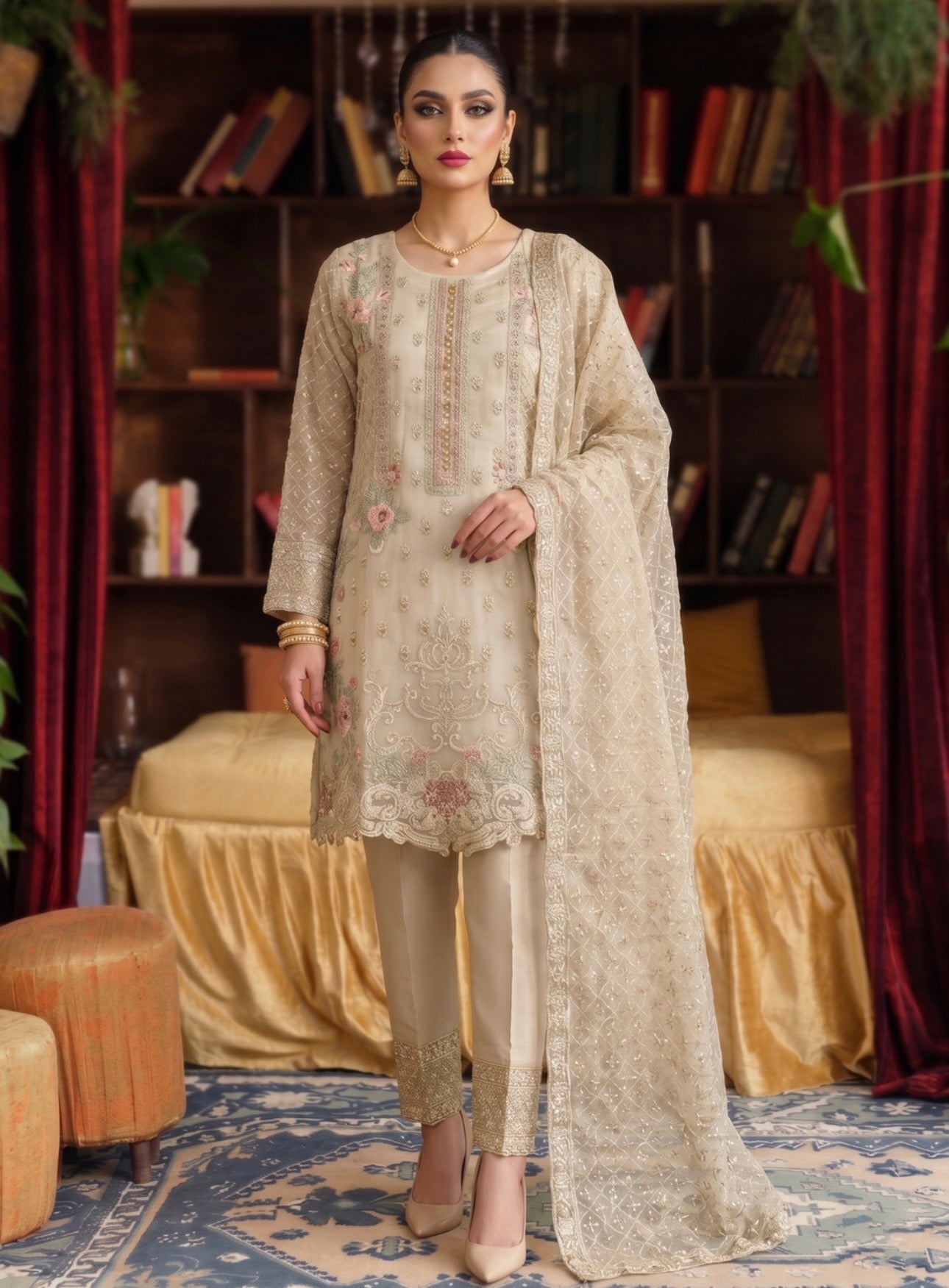 Elegant Beige Embroidered Organza Suit Set