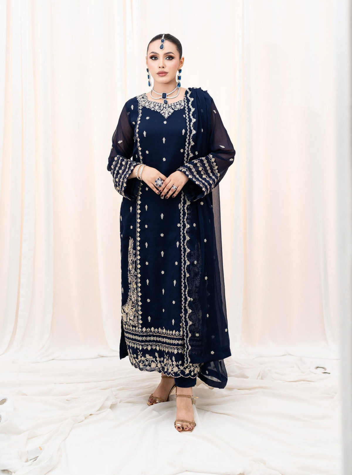 Navy Blue Embroidered Chiffon 3-Piece Suit