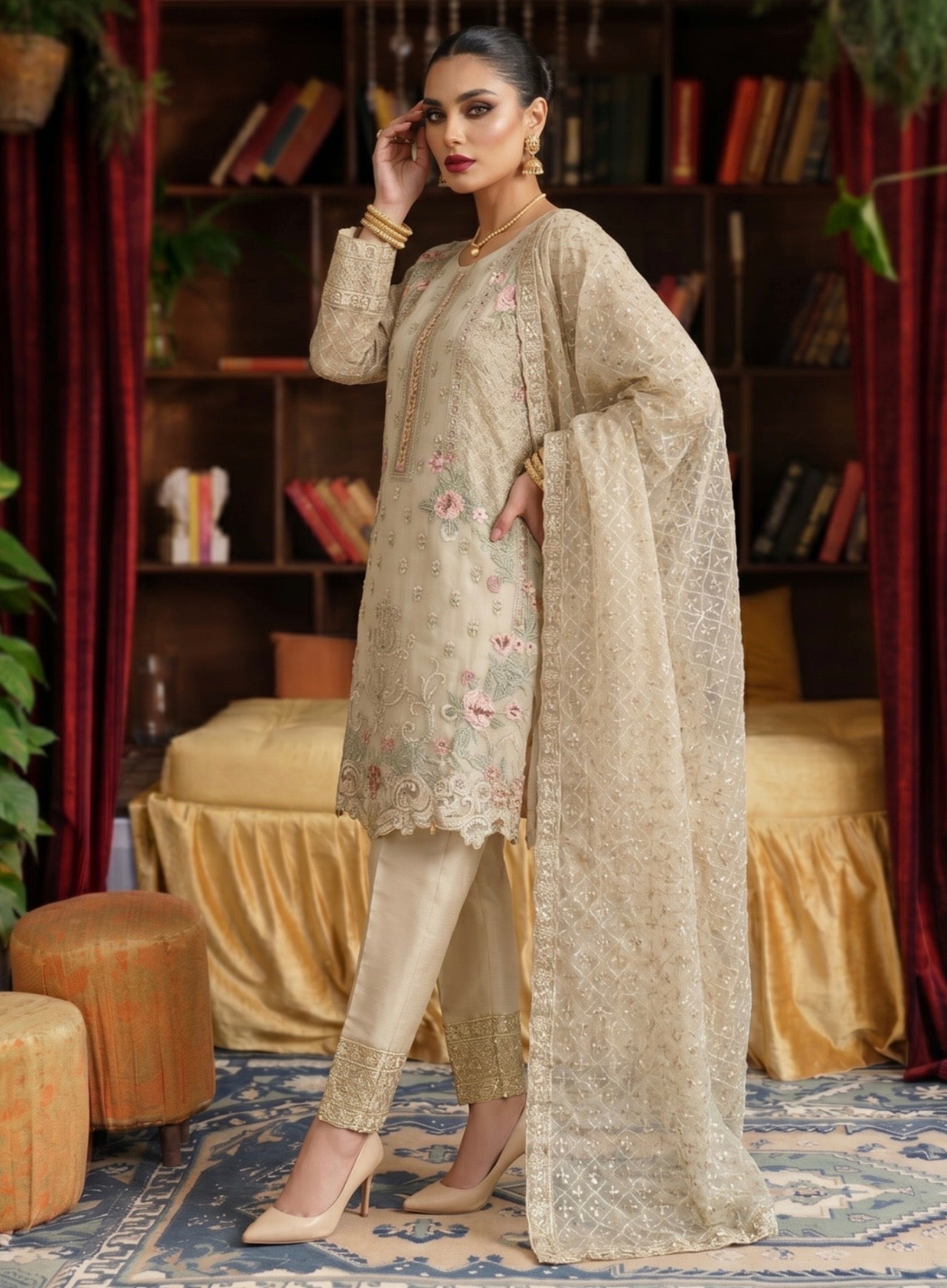 Elegant Beige Embroidered Organza Suit Set