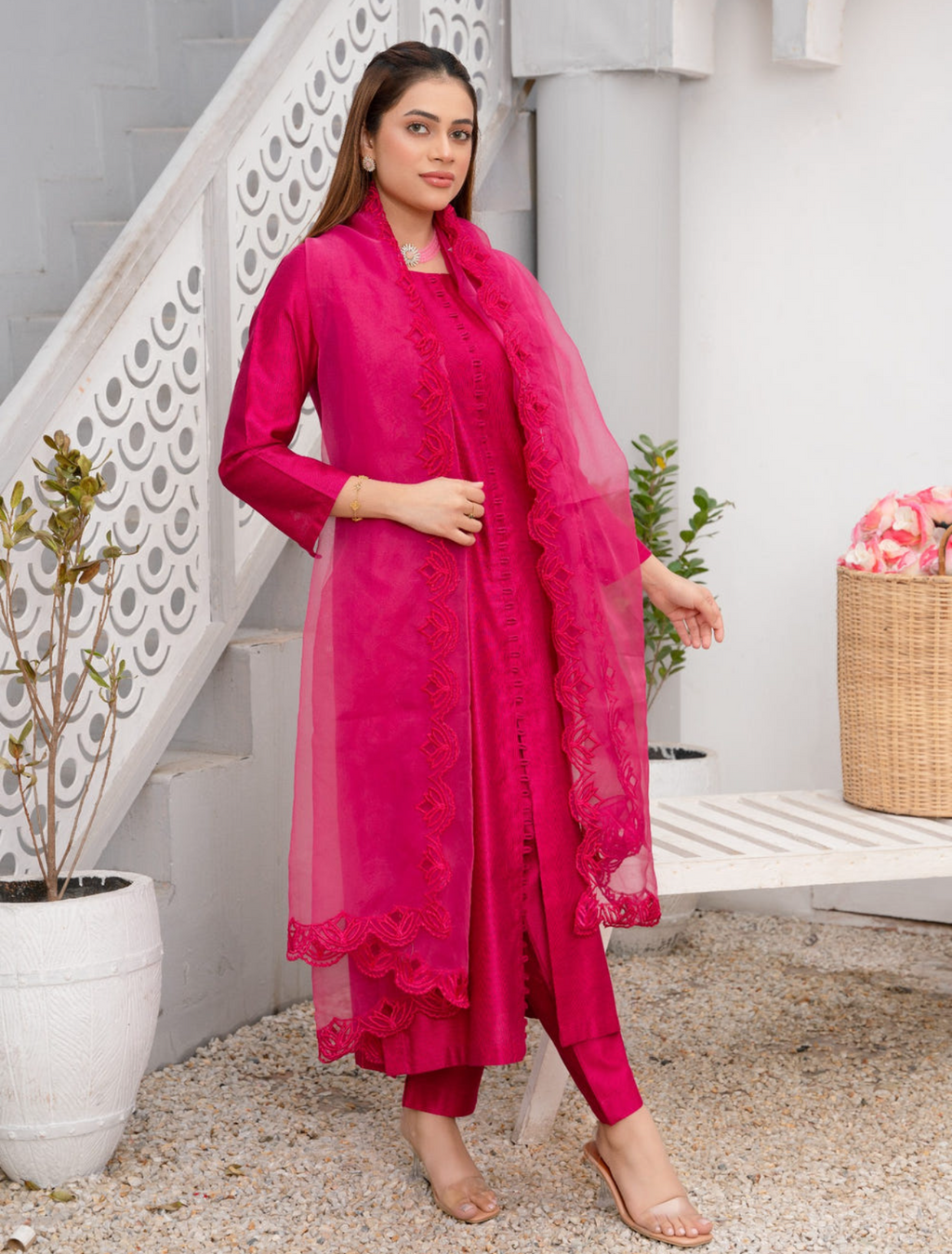 Hot Pink Embroidered Khaddi Silk 3-Piece Suit