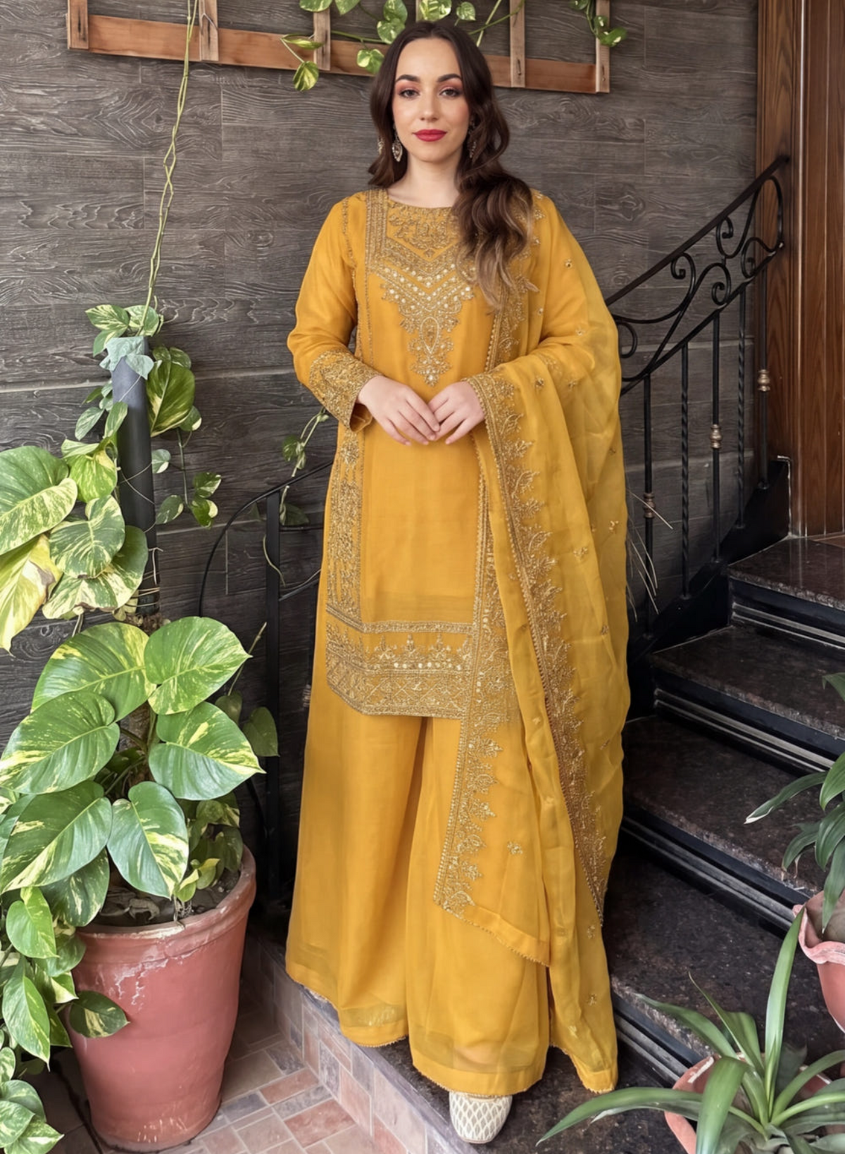 Mustard Embellished Chiffon Sharara Set