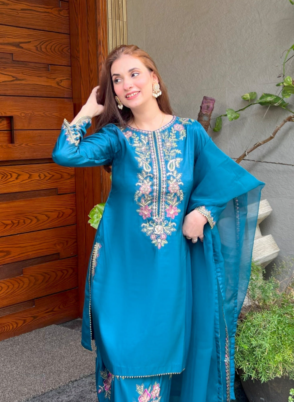 Teal Blue Kattan Silk 3-Piece Kurta Set