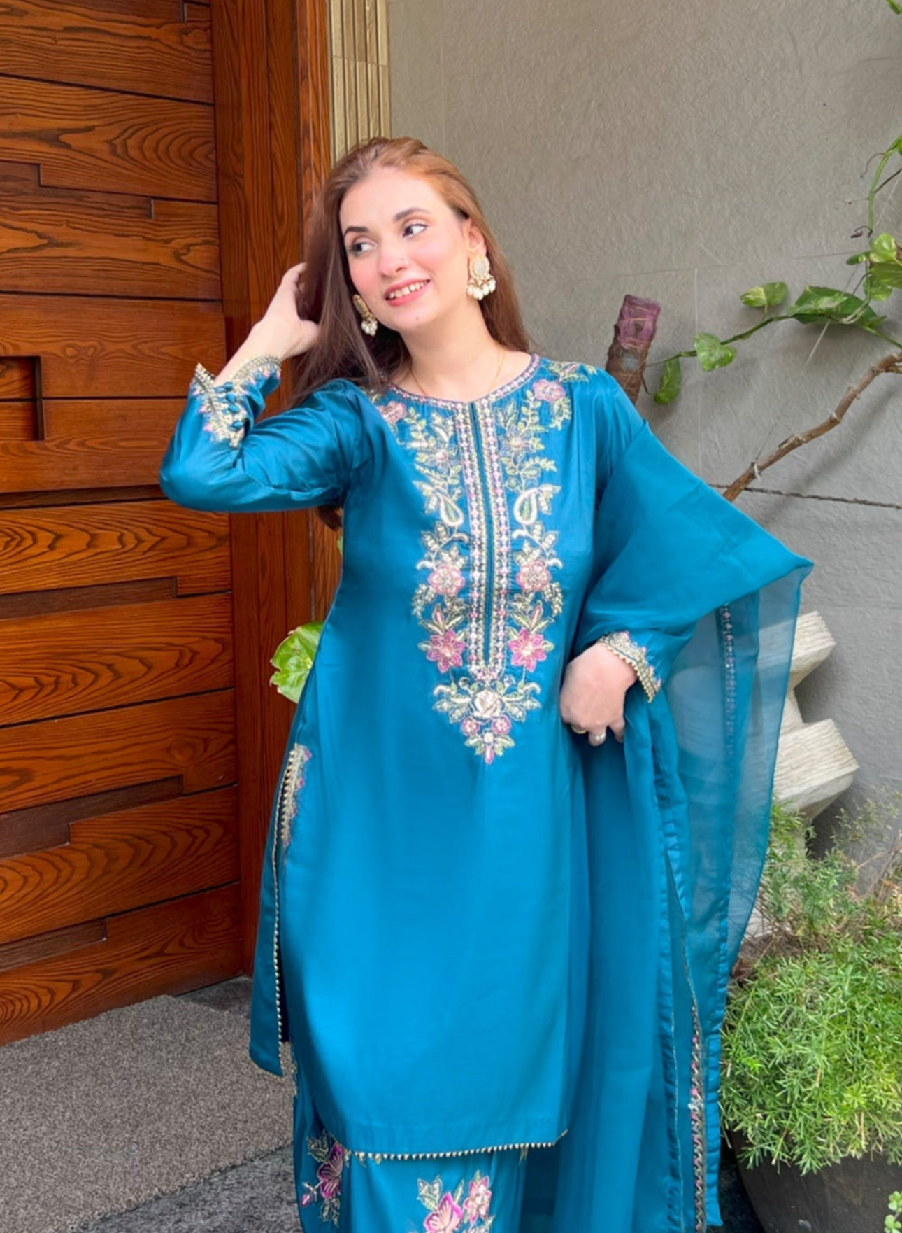 Teal Blue Kattan Silk 3-Piece Kurta Set