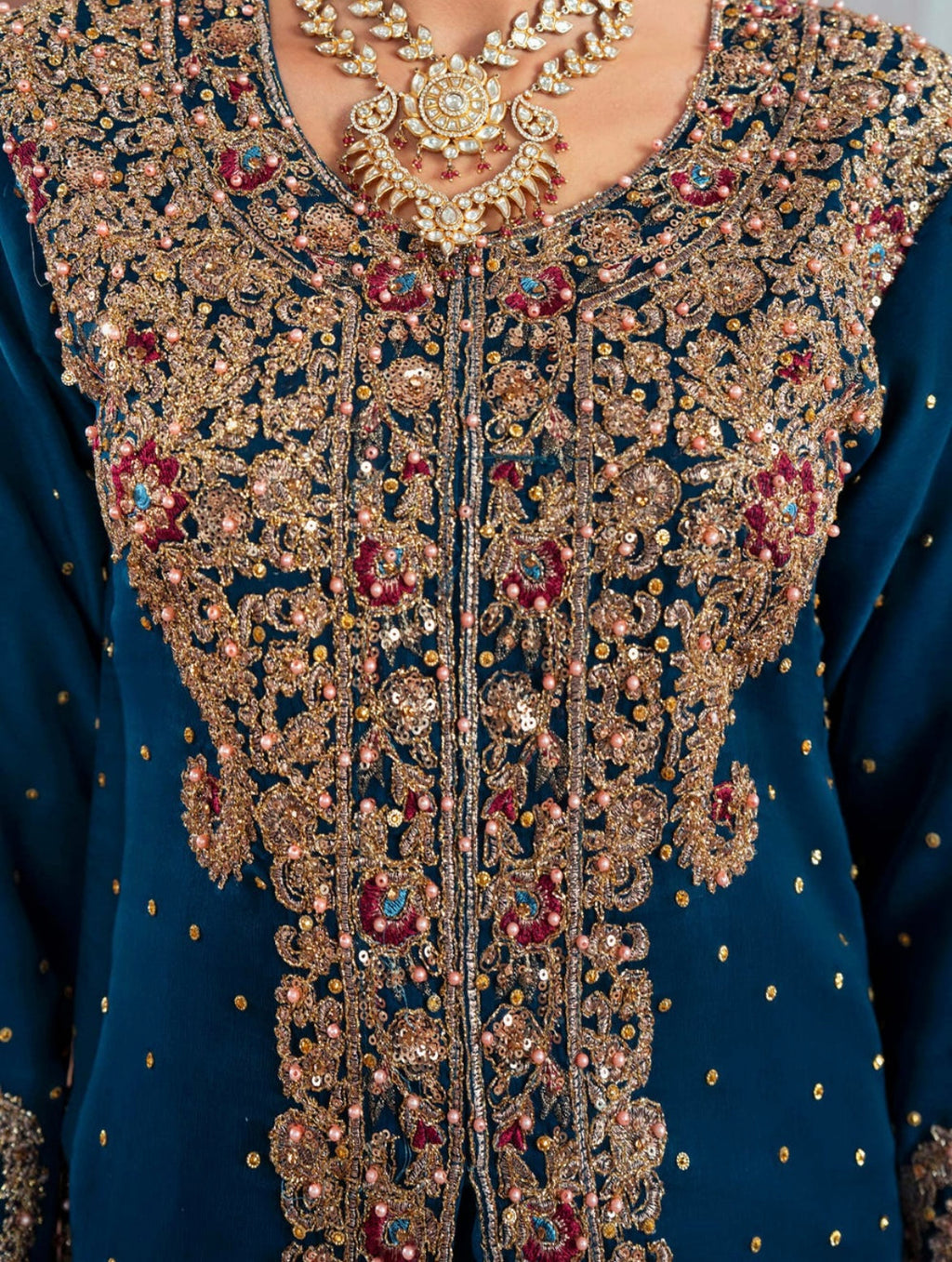 Luxury Teal Embroidered Chiffon Gown with Jamawar Lehenga (4 Piece Suit)