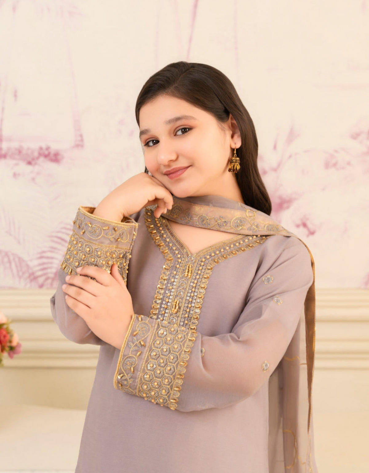 Lavender Chiffon Embroidered 3-Piece Suit