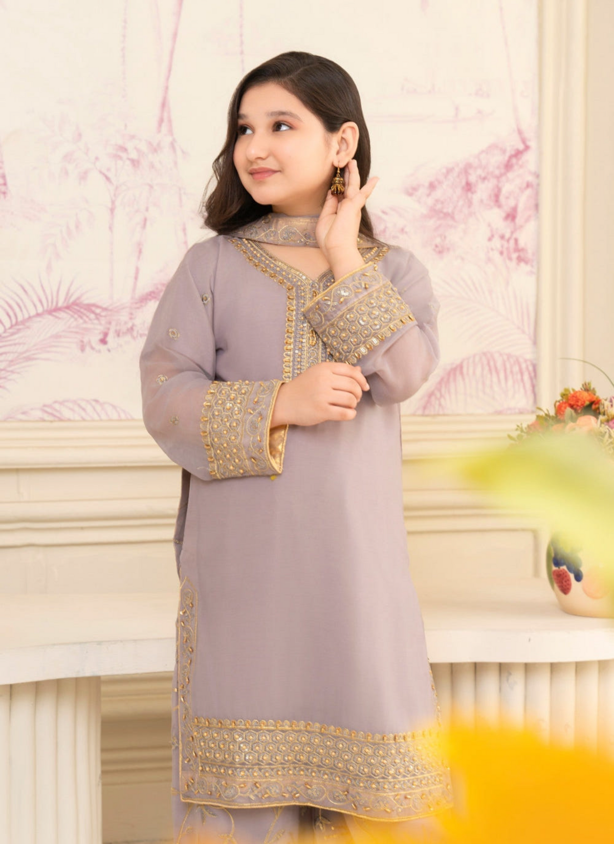 Lavender Chiffon Embroidered 3-Piece Suit