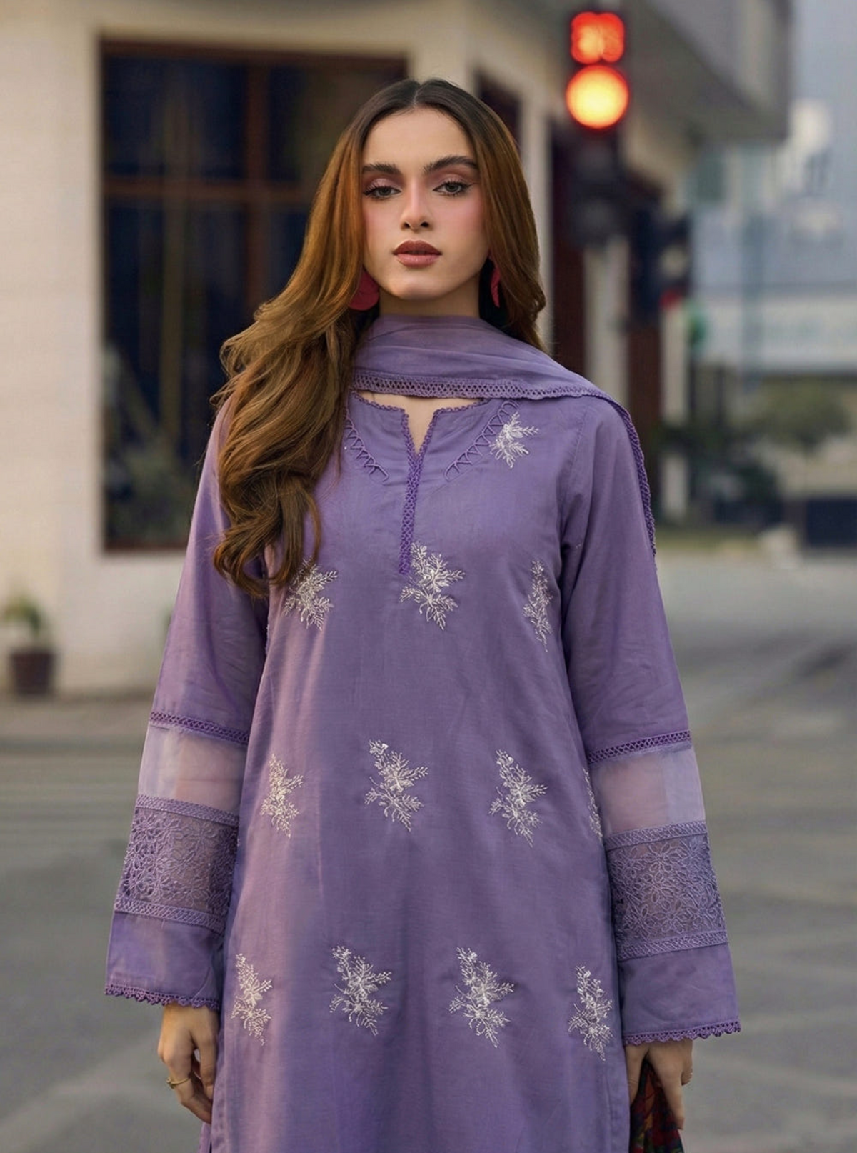 Lavender Embroidered Linen 3-Piece Kurta Palazzo Set