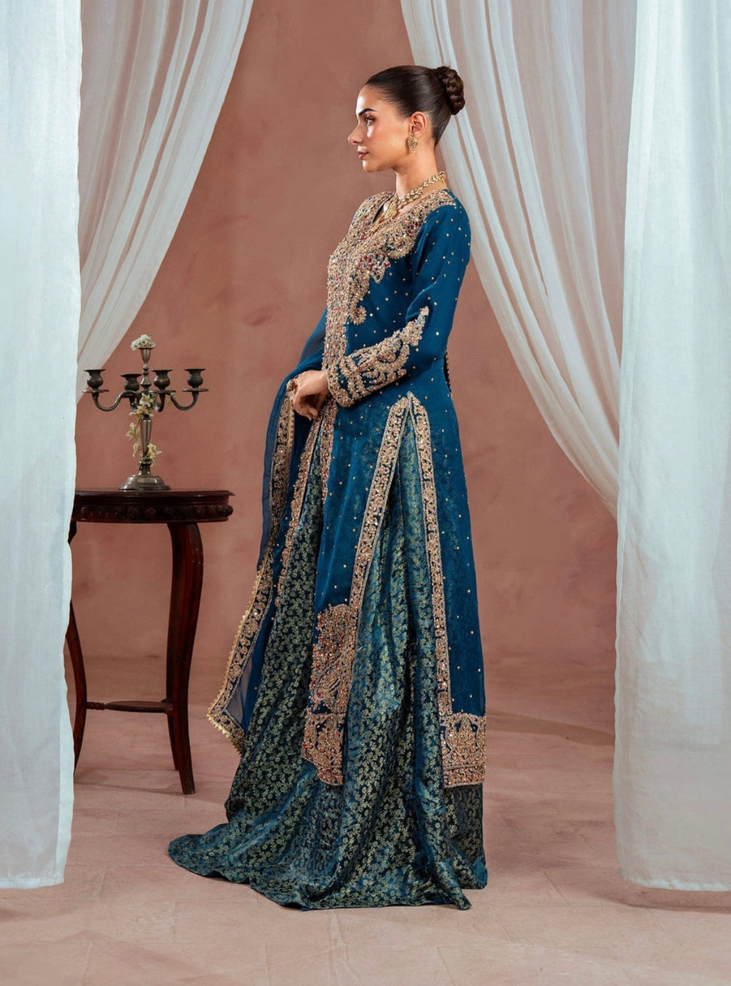 Luxury Teal Embroidered Chiffon Gown with Jamawar Lehenga (4 Piece Suit)