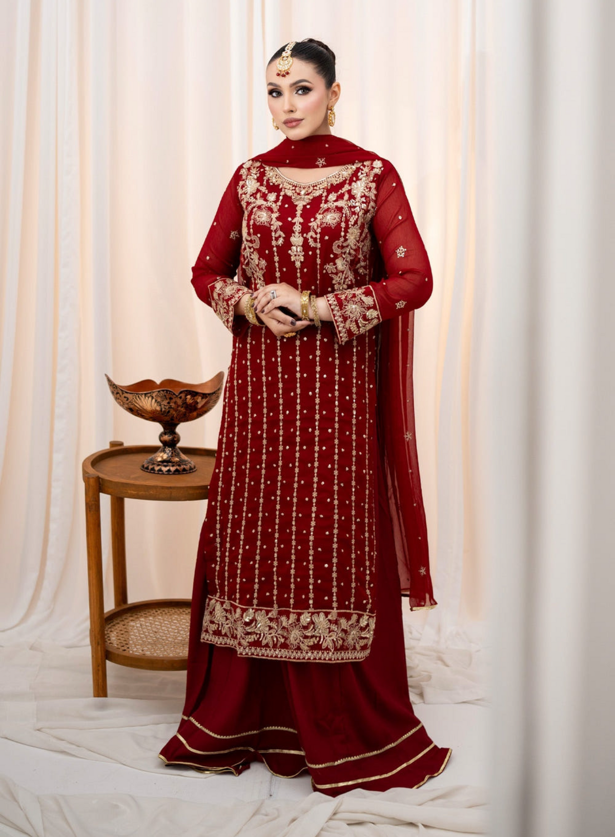 Maroon Chiffon 3-Piece Lehenga Suit