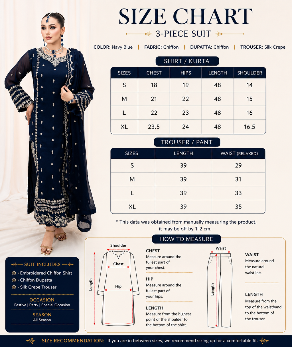 Navy Blue Embroidered Chiffon 3-Piece Suit