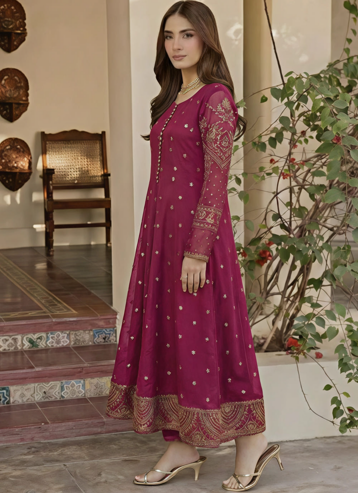 Magenta Embroidered Flared Maxi 3-Piece Suit