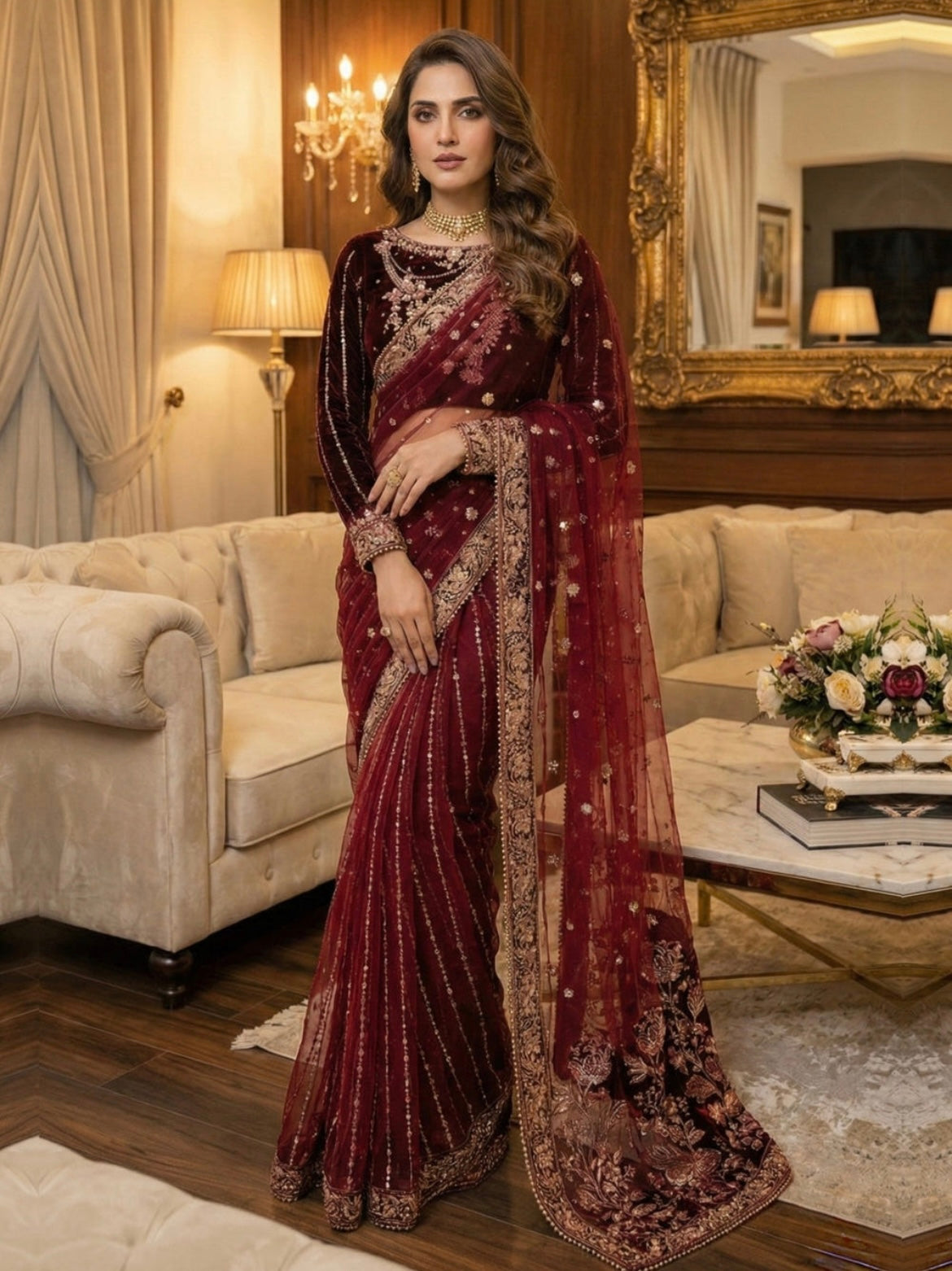 Velvet Saree – V-03 Maroon (3-Piece Set)