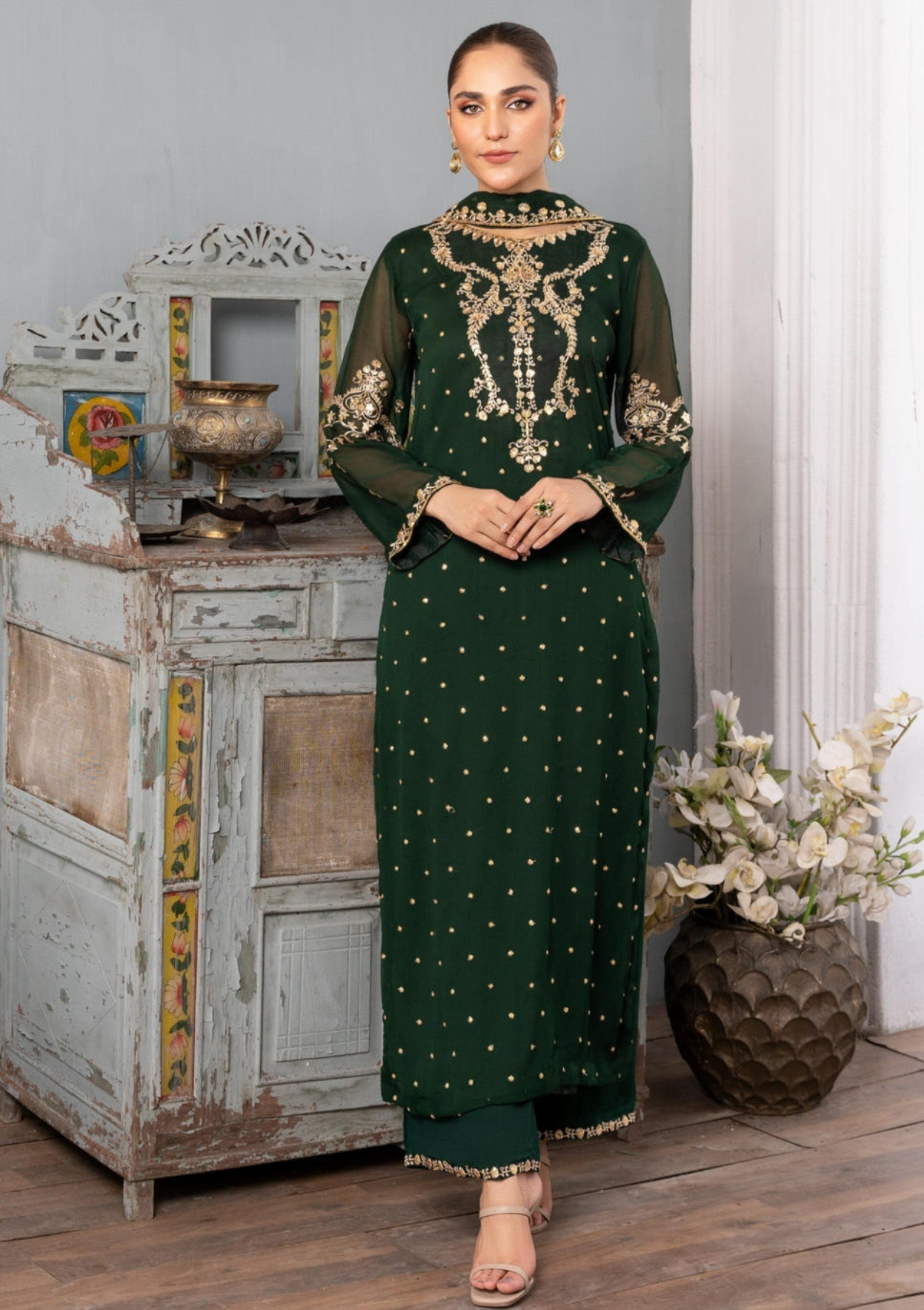 Dark Green Luxury Embroidered Chiffon 3-Piece Suit