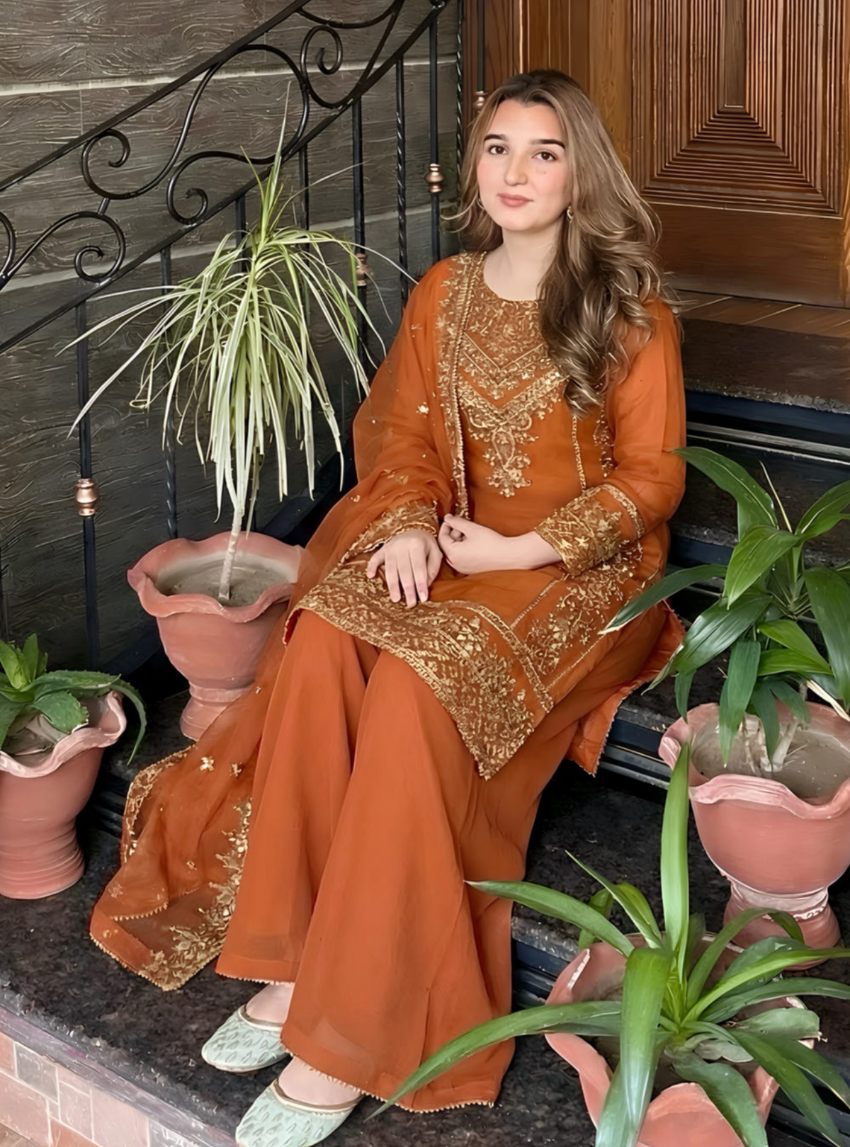 Rust Orange Embellished Sharara Set – 3 Piece