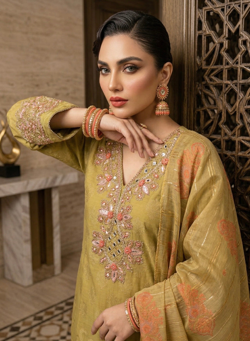 Elegant Marigold Jacquard Embroidered Suit Set