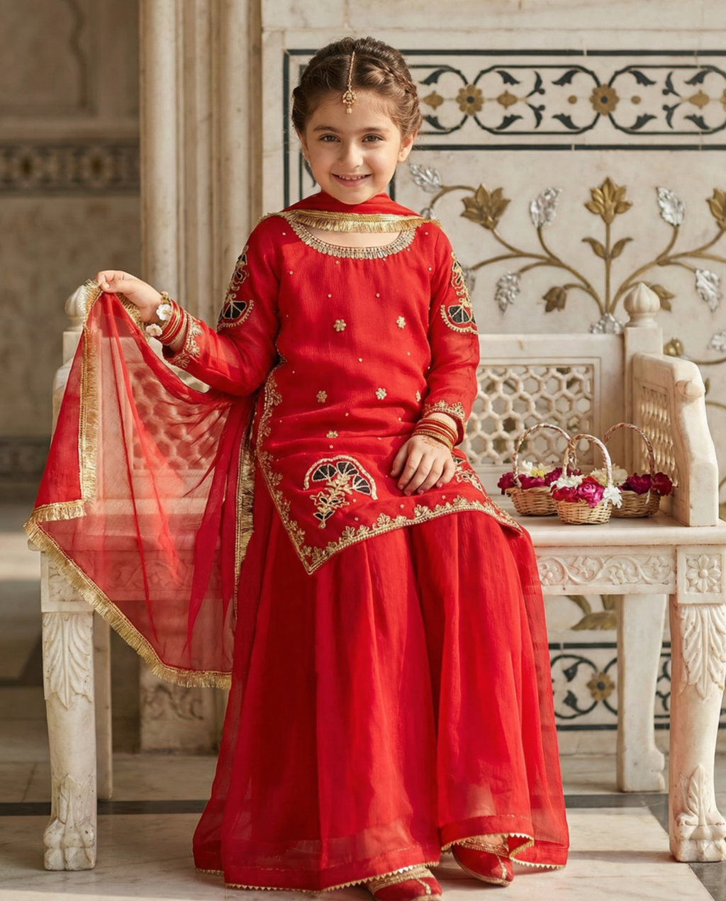 Red Embroidered Chiffon Sharara 3-Piece Set