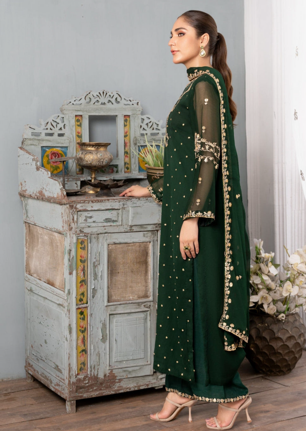 Dark Green Luxury Embroidered Chiffon 3-Piece Suit