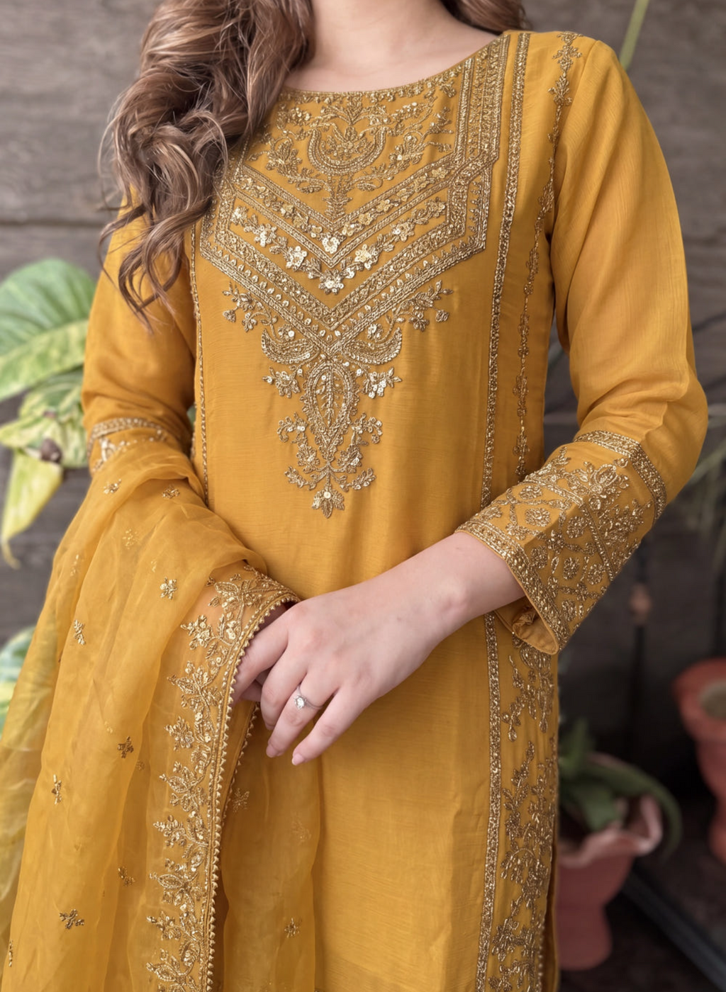 Mustard Embellished Chiffon Sharara Set
