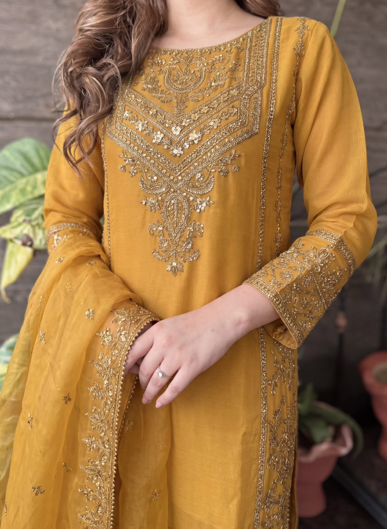 Mustard Embellished Chiffon Sharara Set