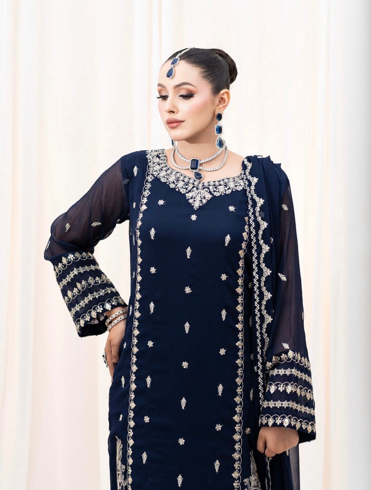 Navy Blue 3-Piece Chiffon Suit