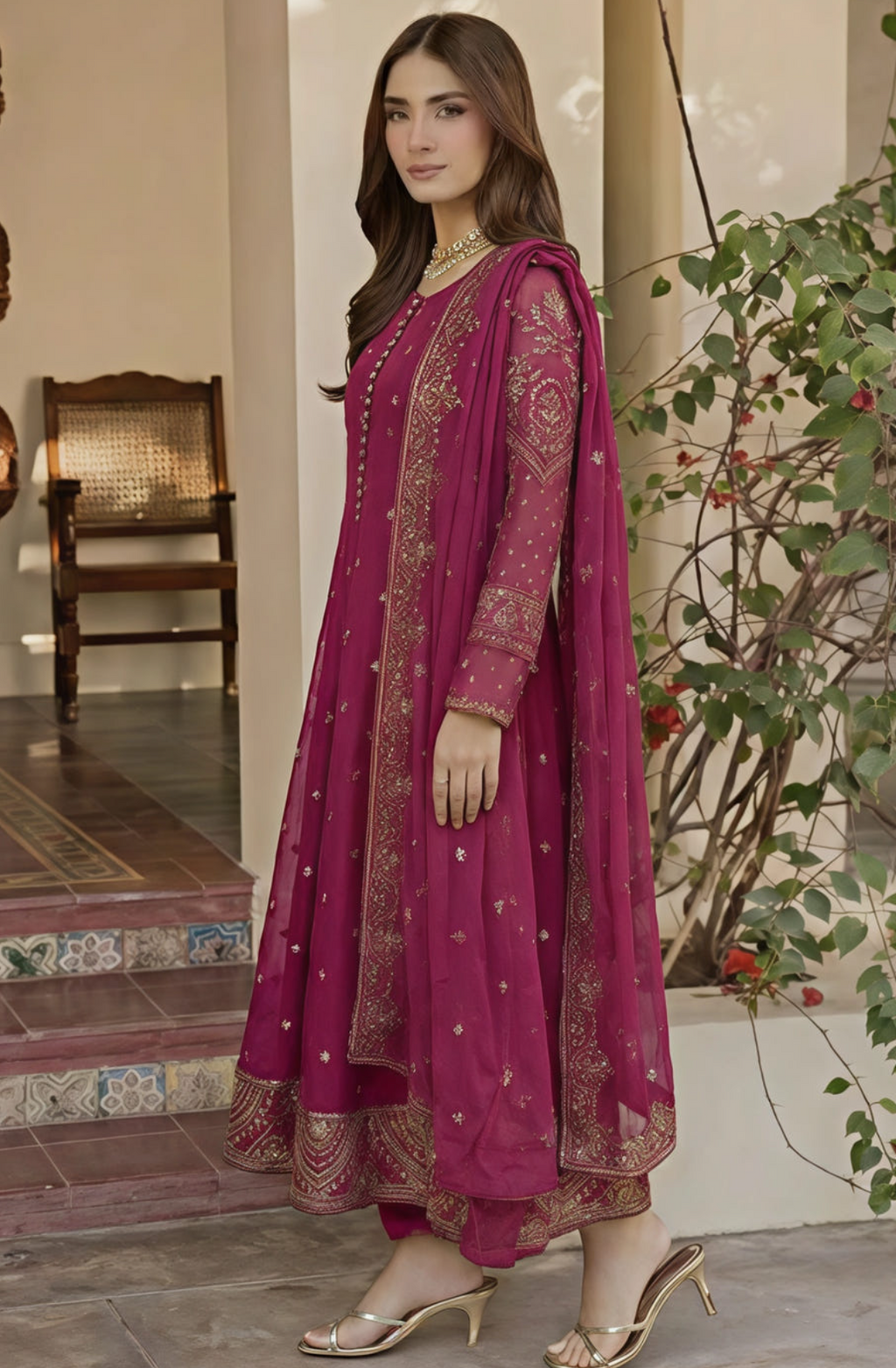 Magenta Embroidered Flared Maxi 3-Piece Suit