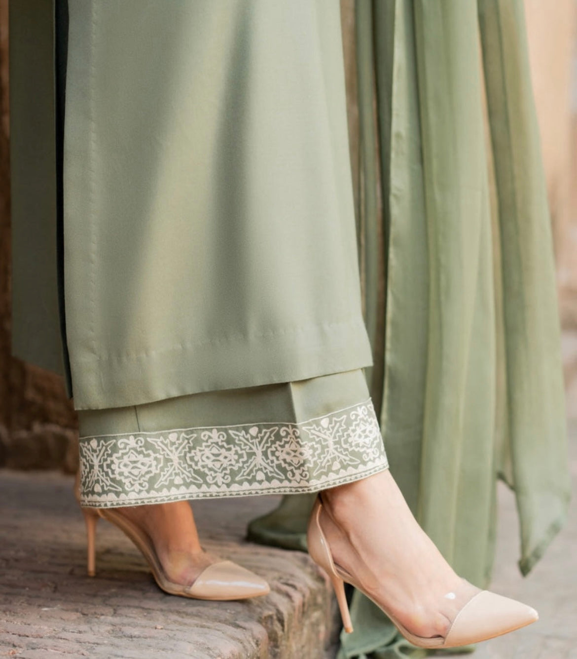 Sage Green Linen 3-Piece Kurta Set